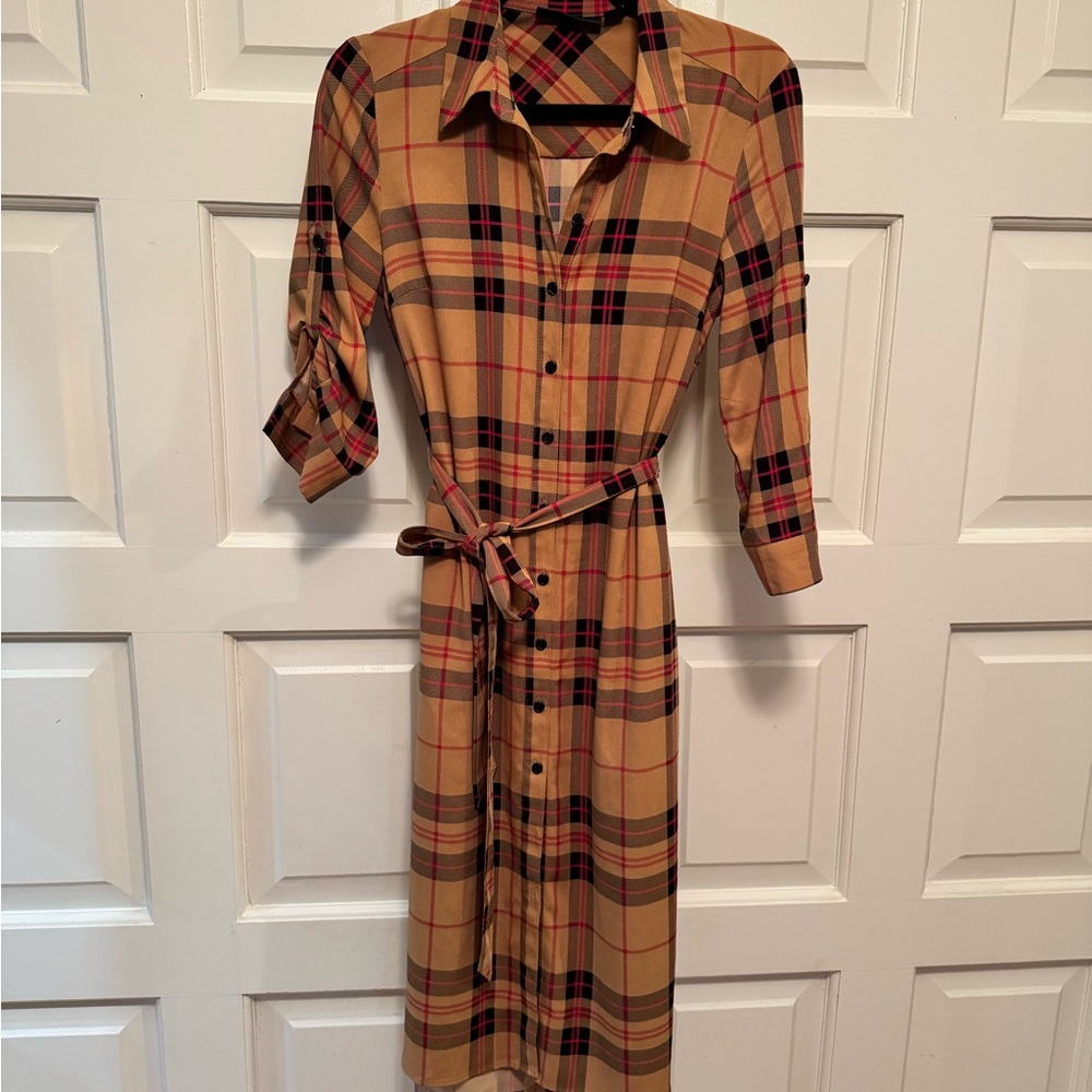 Plaid Button-Up Belted Dress